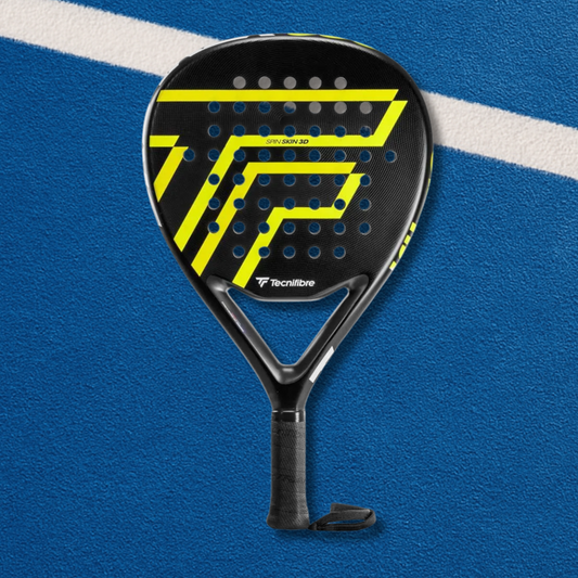 Paddle racket with yellow and black design on a blue background